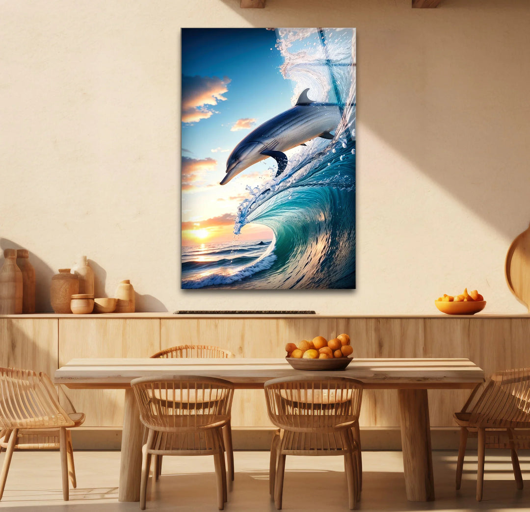 Jumping Dolphin Glass Wall Art – Ocean Wave Sunset Scene for Coastal Decor - MyPhotoStation