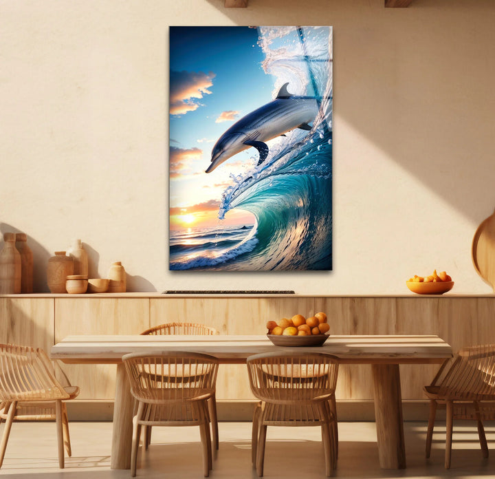 Jumping Dolphin Glass Wall Art – Ocean Wave Sunset Scene for Coastal Decor - MyPhotoStation