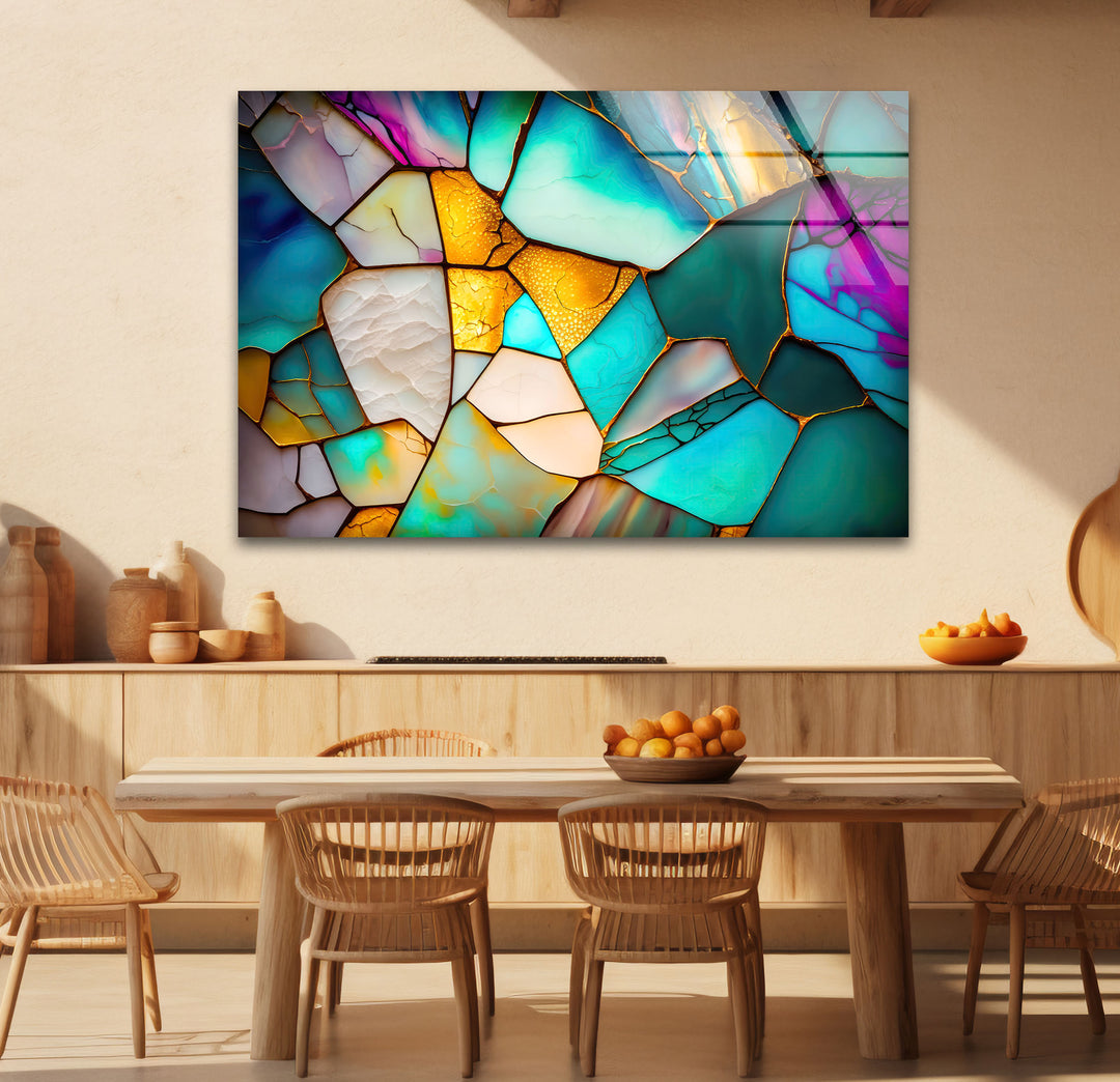 Modern Stained Glass Abstract Wall Art – Teal & Gold Geometric Glass Print
