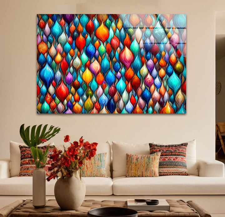 Lebendige abstrakte Glaswandkunst – Buntes Tropfendesign 