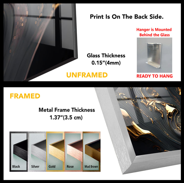 Black Gold Swirl Wall Art – Luxury Abstract Fluid Glass Print for Interiors