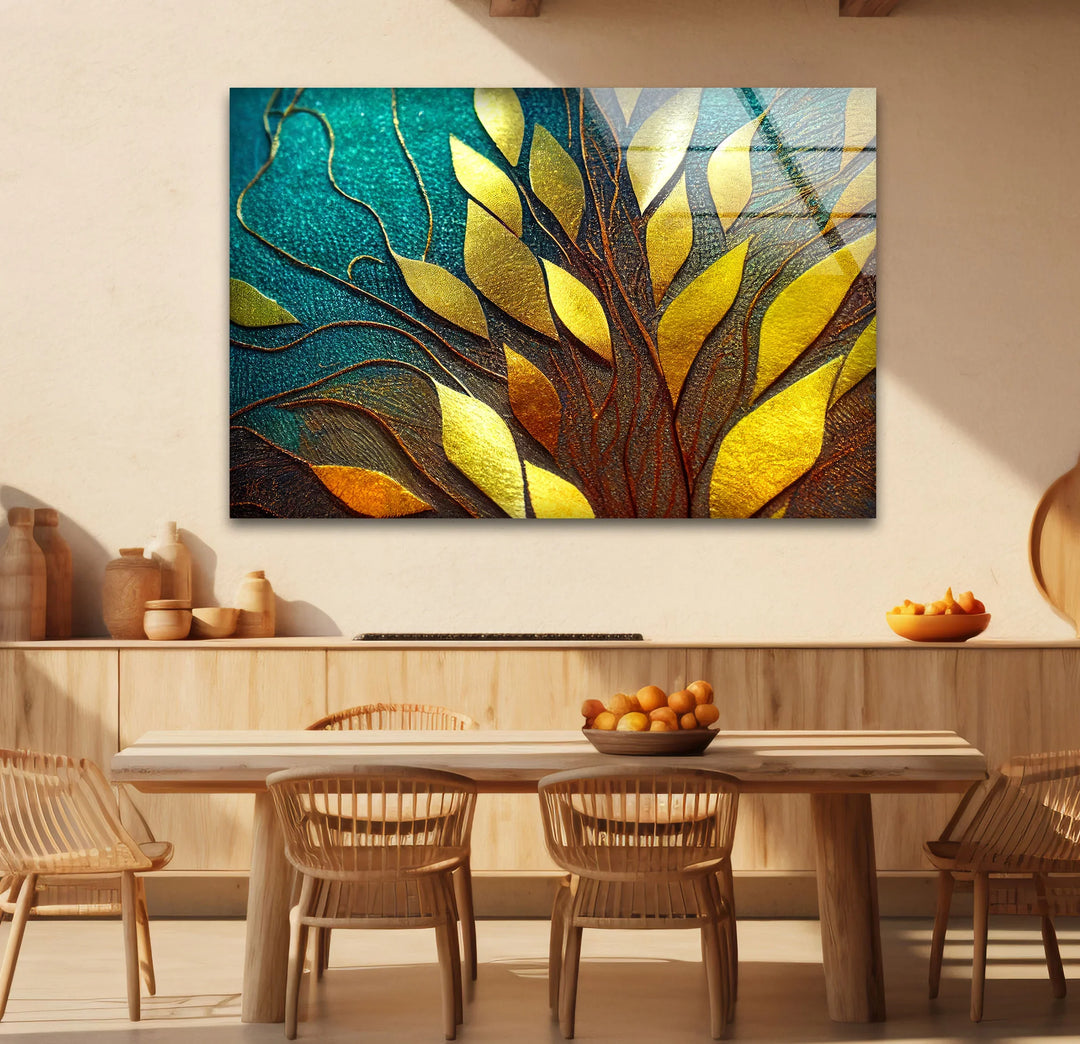 Golden Leaf Tree Glass Wall Art – Elegant Botanical Design with Teal & Amber Accents - MyPhotoStation