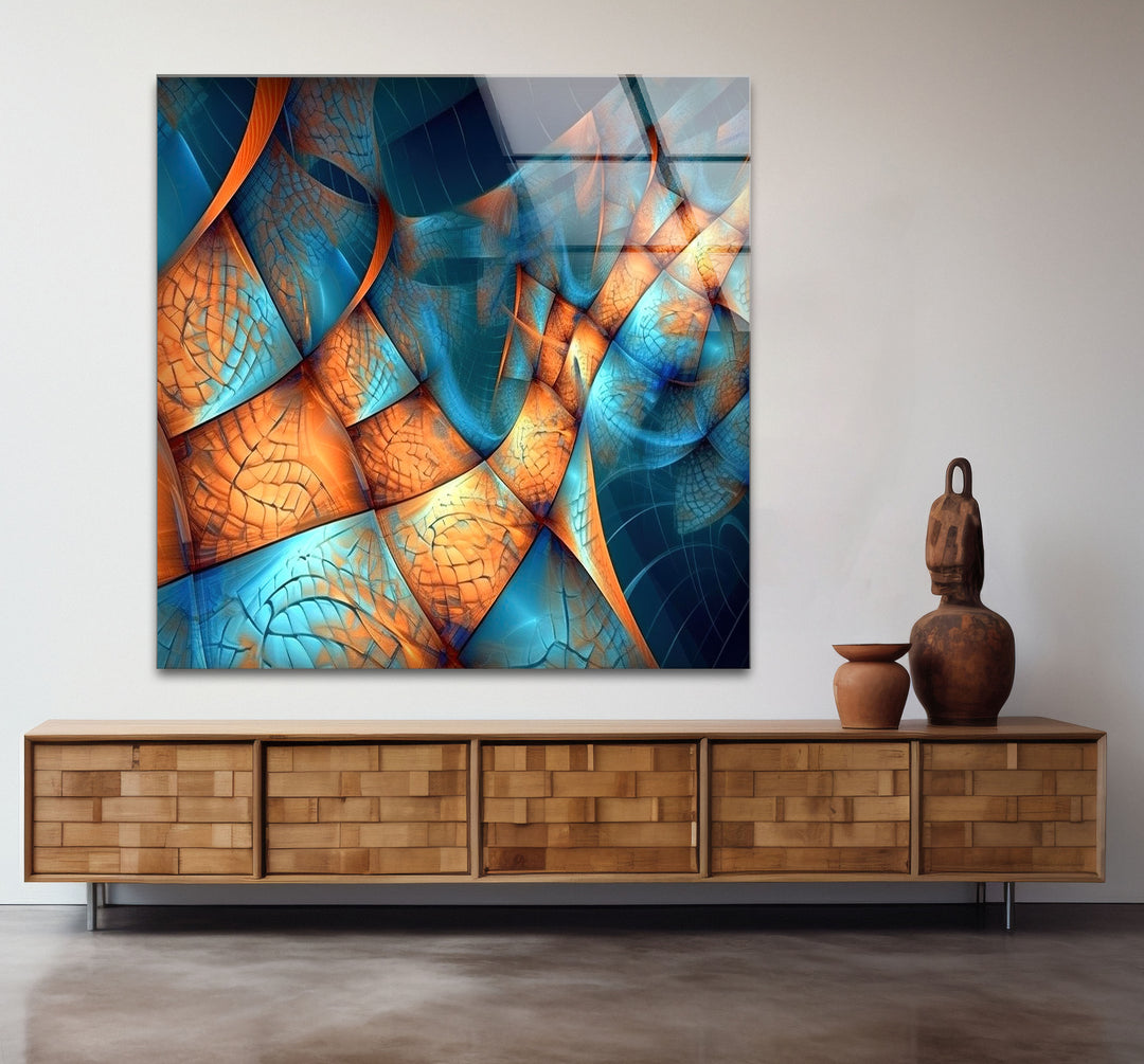 Fraktale Wellen-Glaswandkunst – Blaues und oranges abstraktes Flussdesign für moderne Räume 