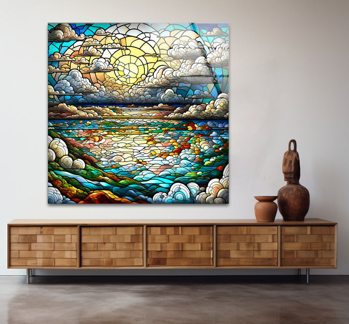 Serene Ocean Sunset Stained Glass Wall Art – Coastal Landscape Window Design