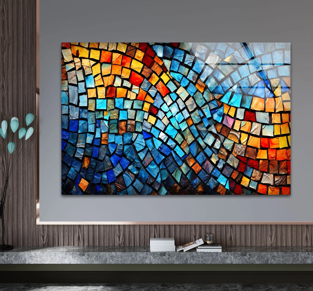 Vibrant Mosaic Wave Glass Wall Art – Colorful Abstract Squares Decor - MyPhotoStation