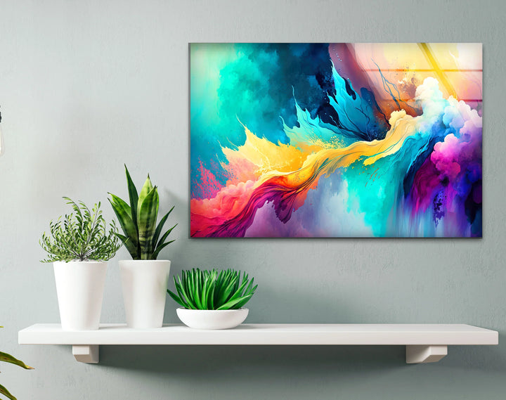 Explosive Color Abstract Glass Wall Art – Vibrant Turquoise & Yellow Energy - MyPhotoStation