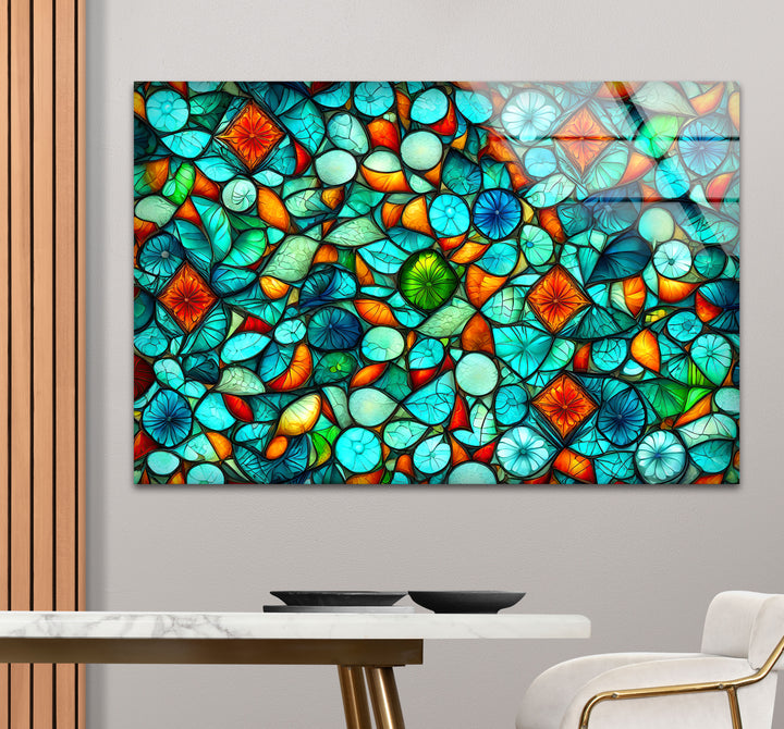 Lebendige Buntglas-Wandkunst – Abstraktes Mosaikmuster in Türkis und Orange