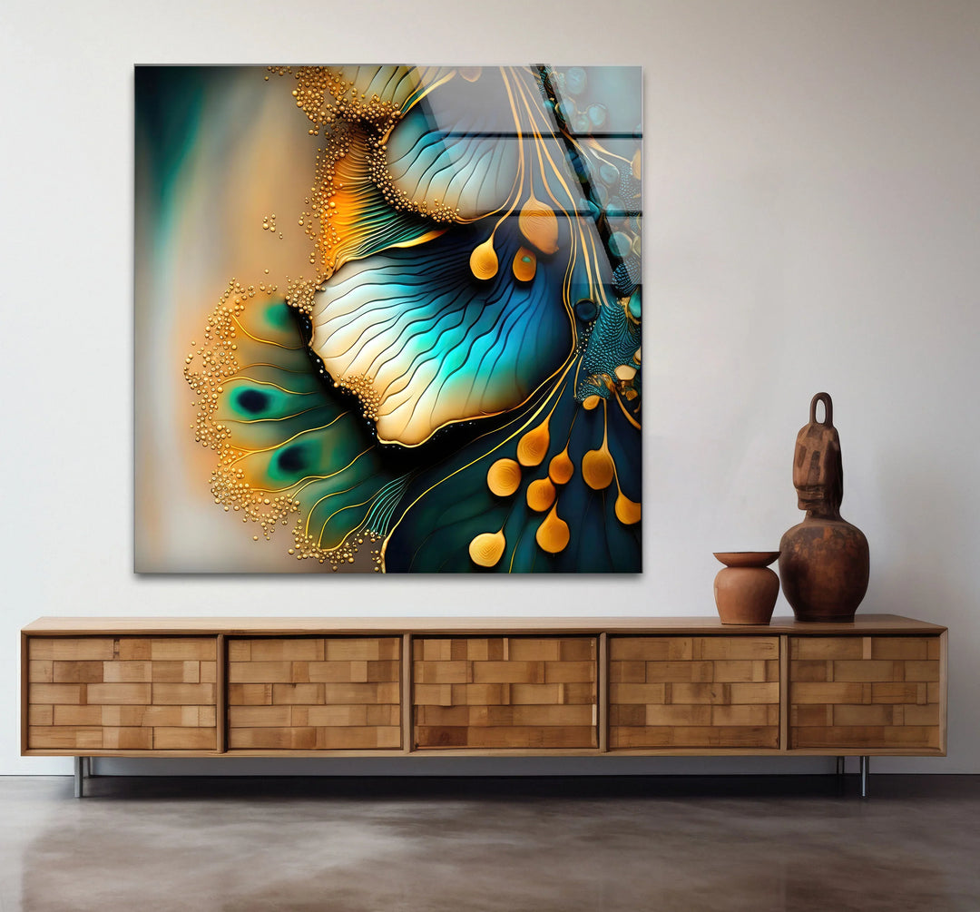 Teal Gold Abstract Floral Glass Wall Art – Elegant Botanical Flow Design - MyPhotoStation