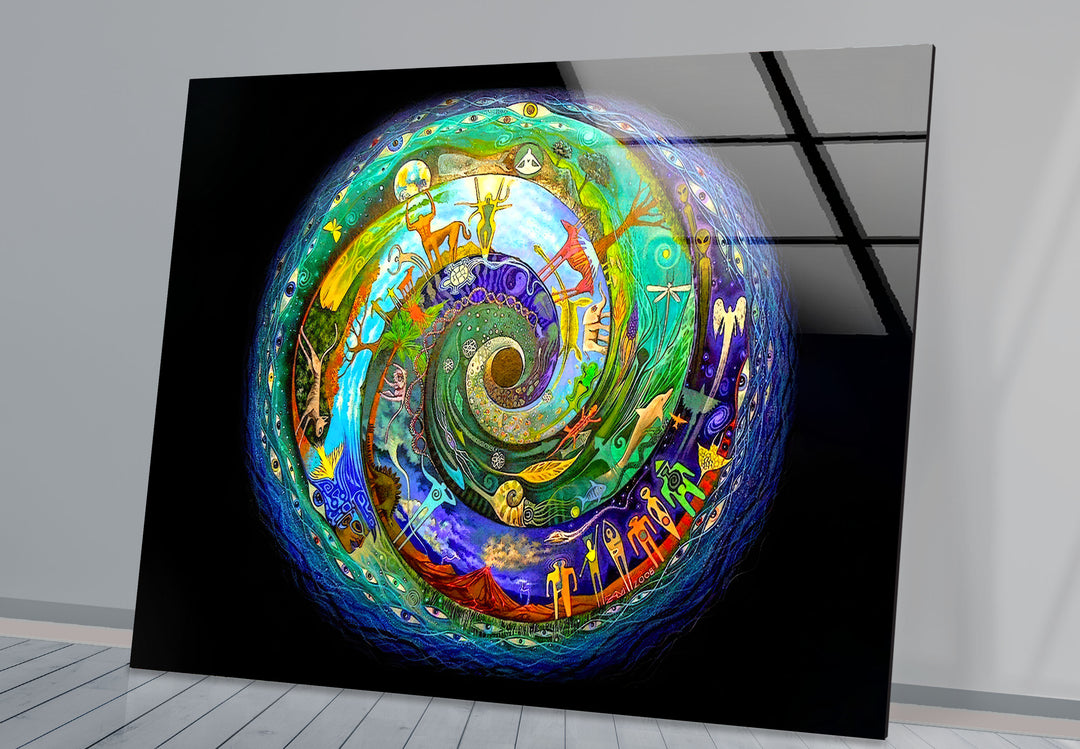 Cosmic Spiral Wall Art – Vibrant Spiritual Glass Print with Universe Symbols for Meditation & Modern Interiors