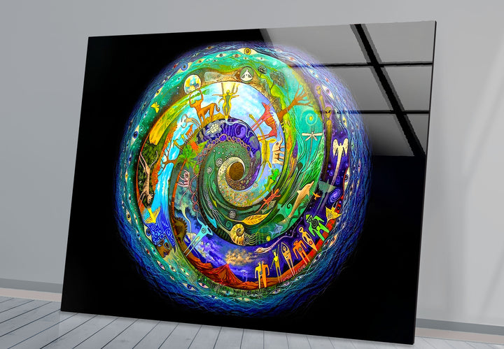 Cosmic Spiral Wall Art – Vibrant Spiritual Glass Print with Universe Symbols for Meditation & Modern Interiors