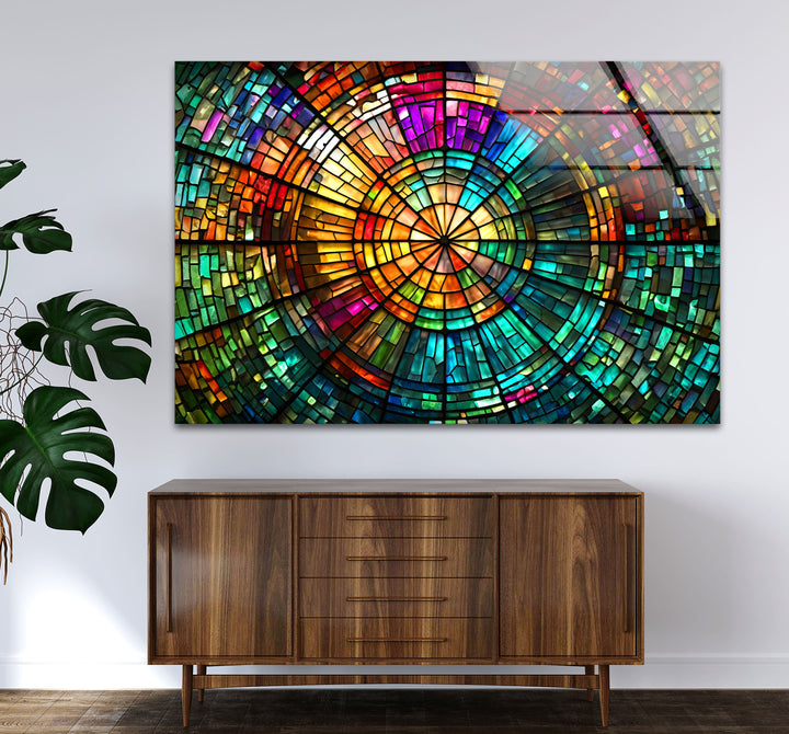Strahlende Mosaik-Wandkunst aus Buntglas – Farbenfrohes, kreisförmiges Fensterdesign 