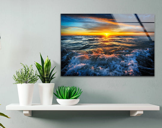 Sunlight dances across the textured seascape glass print, casting dramatic light and shadow that enhances its home decor appeal.