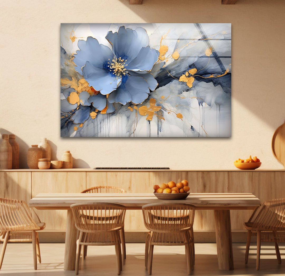 Blue Gold Blossom Wall Art – Elegant Floral Glass Print for Home Décor