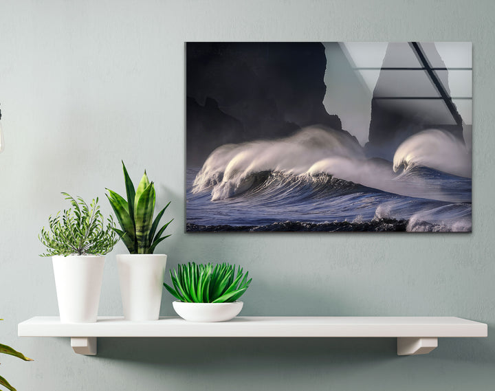 Stormy Ocean Waves Wall Art – Dramatic Coastal Glass Print with Dark Sea Cliffs for Modern Interiors