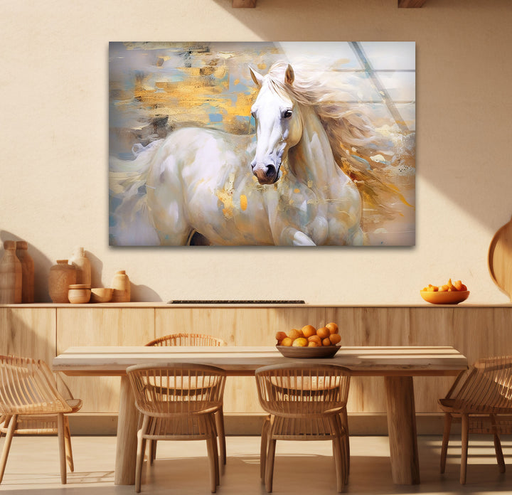 Majestic White Horse Wall Art – Abstract Glass Print for Modern Interiors