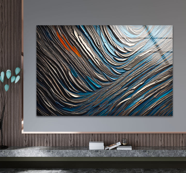 Textured Waves Abstract Glass Wall Art – Blue & Metallic Modern Decor