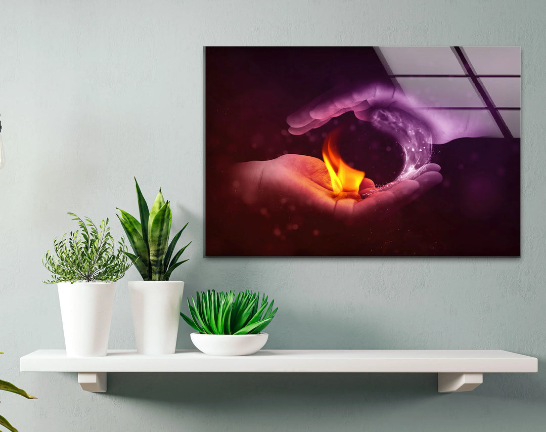 Fire and Water Yin Yang Wall Art – Duality Hands Glass Print for Modern Decor - MyPhotoStation