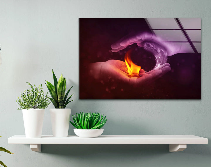 Fire and Water Yin Yang Wall Art – Duality Hands Glass Print for Modern Decor - MyPhotoStation