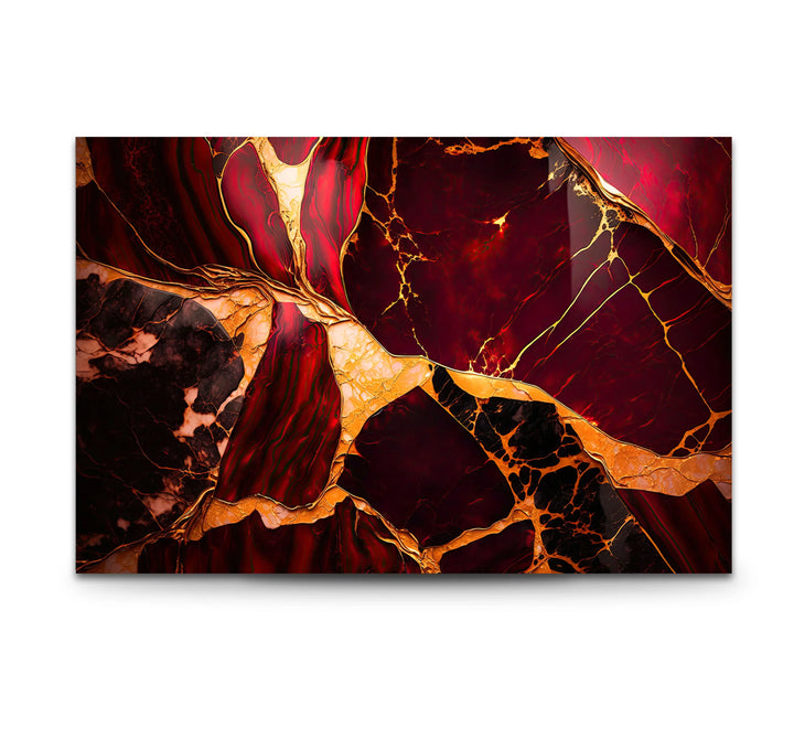 Red and Gold Marble Wall Art – Luxurious Crimson Glass Print with Cracked Vein Pattern for Bold Modern Interiors - MyPhotoStation