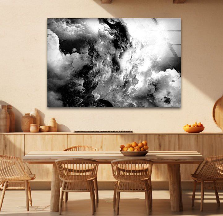 Monochrome Storm Wall Art – Black and White Cloud Glass Print Decor