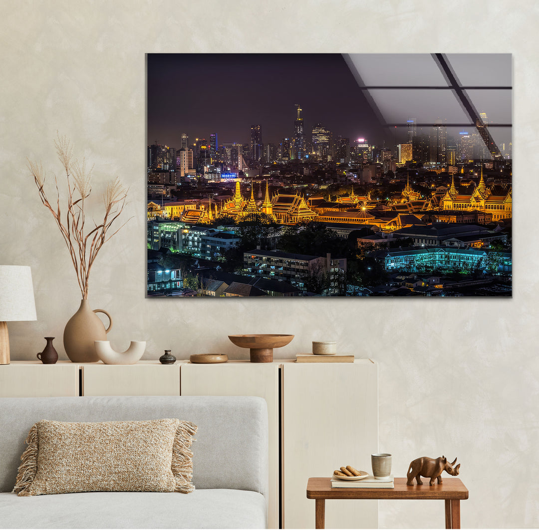 Bangkok Skyline at Night Wall Art – Illuminated Temple Cityscape Glass Print
