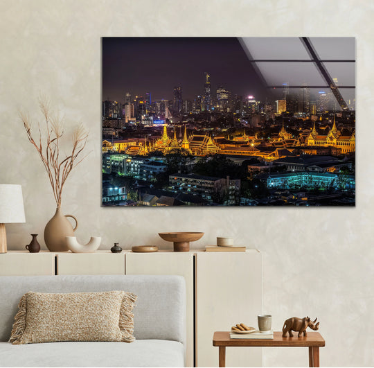 City Prints glossy glass wall art illuminated cityscape and Bangkok skyline at night plus golden temple cityscape