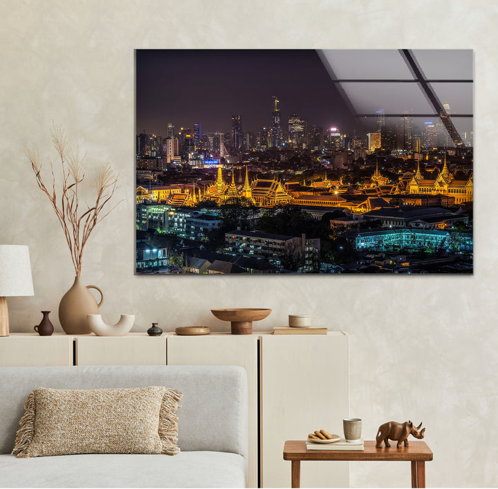 Bangkok Skyline at Night Wall Art – Illuminated Temple Cityscape Glass Print
