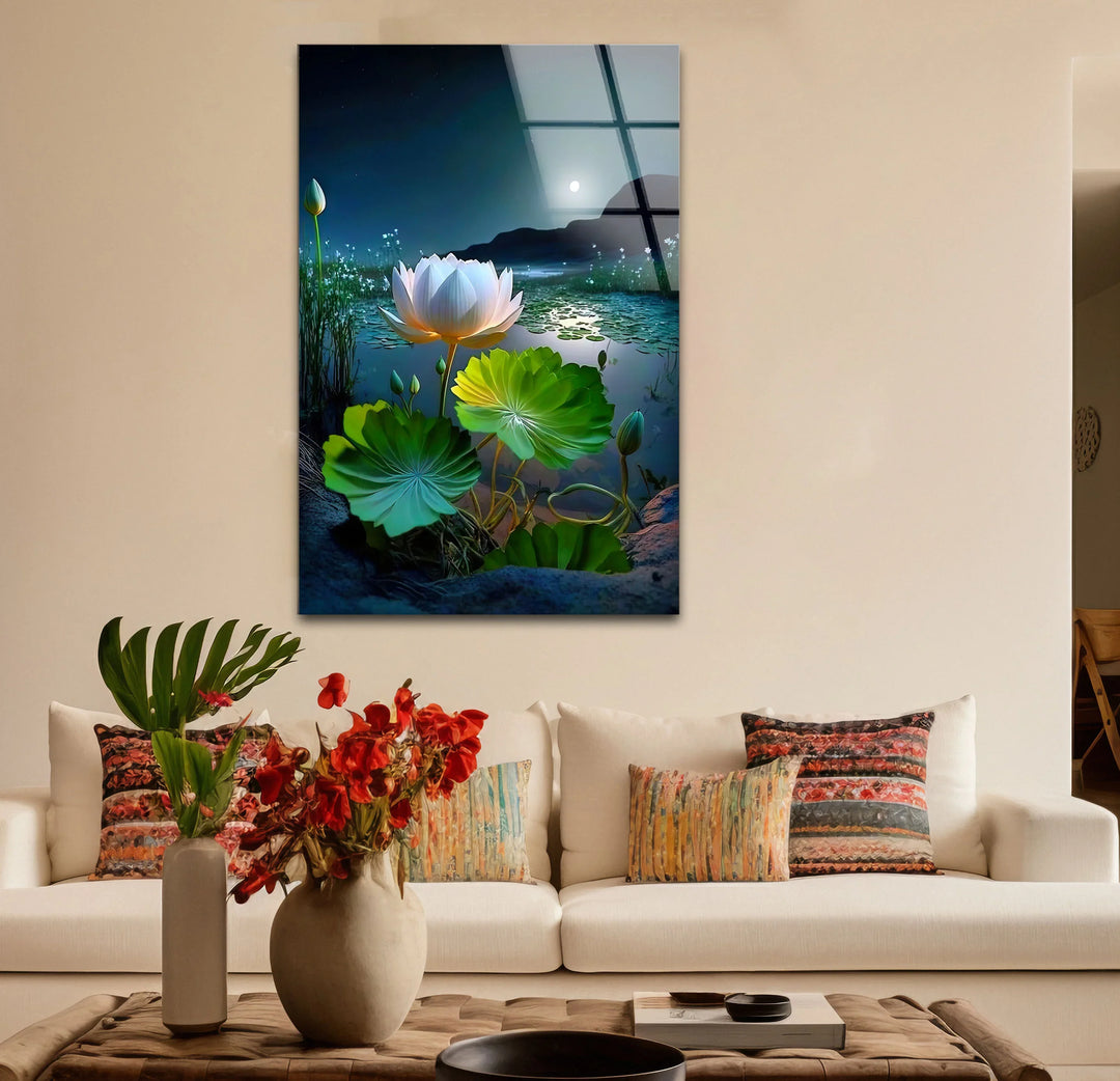 Moonlit Lotus Flower Glass Wall Art – Serene Night Lake Scene for Tranquil Home Decor - MyPhotoStation