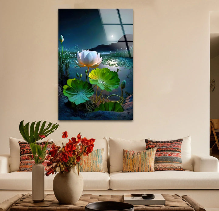 Moonlit Lotus Flower Glass Wall Art – Serene Night Lake Scene for Tranquil Home Decor - MyPhotoStation