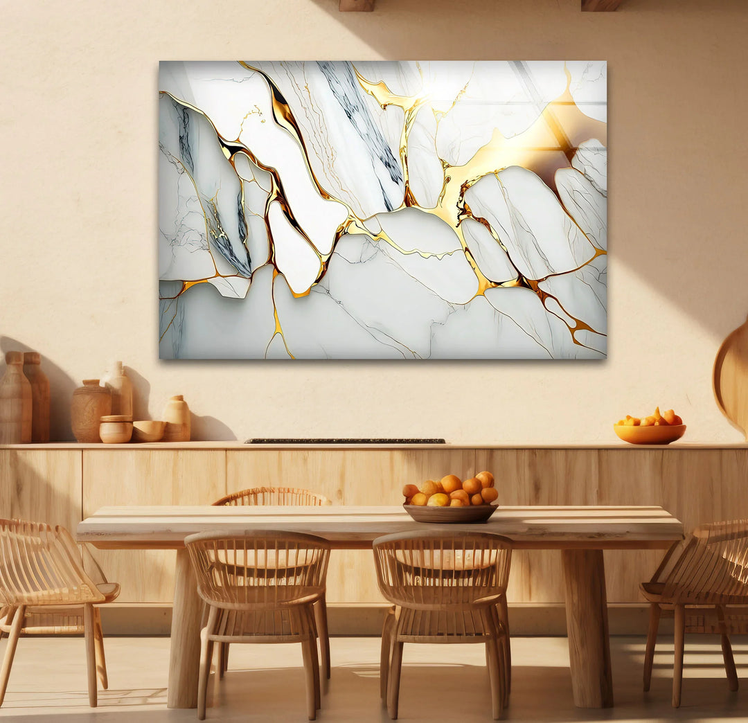 Gold Vein Marble Wall Art – Elegant White Glass Print with Metallic Cracks for Modern Luxe Interior Decor - MyPhotoStation