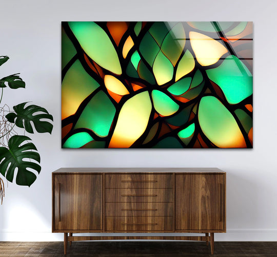 Abstract green leaf glass printing artwork with organic shapes and vibrant glowing tones.