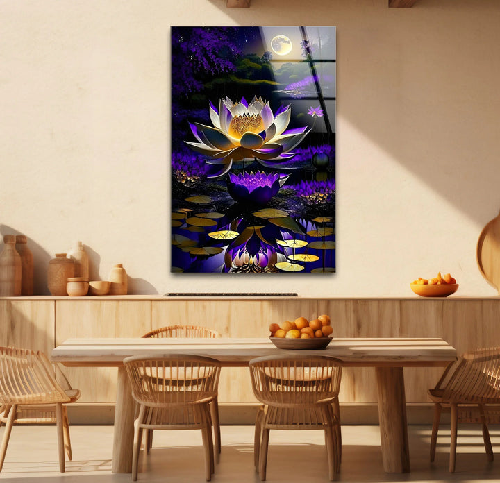 Moonlit Purple Lotus Glass Wall Art – Mystical Night Bloom Floral Print - MyPhotoStation