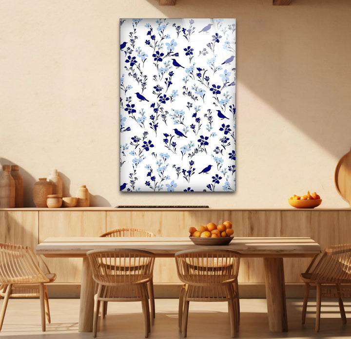 Blue Bird and Wildflower Pattern Wall Art – Elegant Floral Glass Print for Nature Lovers - MyPhotoStation