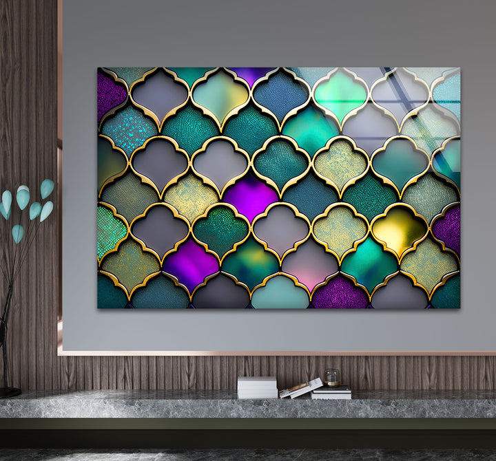 Moroccan Geometric Stained Glass Wall Art – Luxurious Gold & Teal Decor