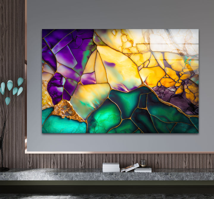 Emerald Amethyst Abstract Glass Wall Art – Geode Mosaic Color Print