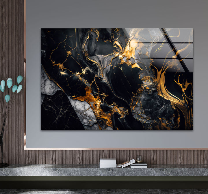 Black Marble Gold Flow Wall Art – Luxury Abstract Glass Print for Modern Interiors