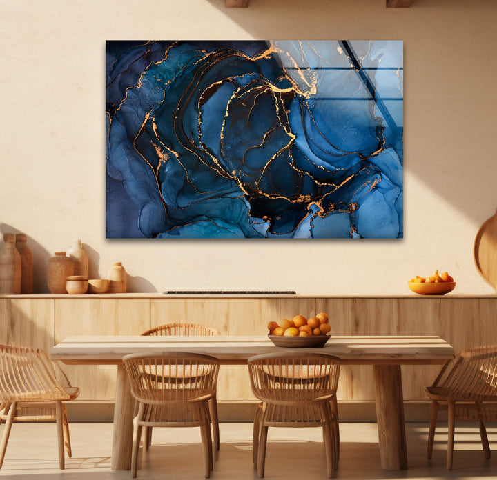 Midnight Blue Gold Abstract Wall Art – Luxury Fluid Ink Glass Print