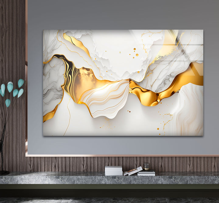 Marble Gold Wave Wall Art – Luxury Abstract Glass Print for Modern Interiors
