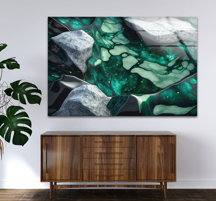 Emerald Stone Texture Wall Art – Abstract Green Glass Print with Marble and Rock Elements for Contemporary Nature-Inspired Decor