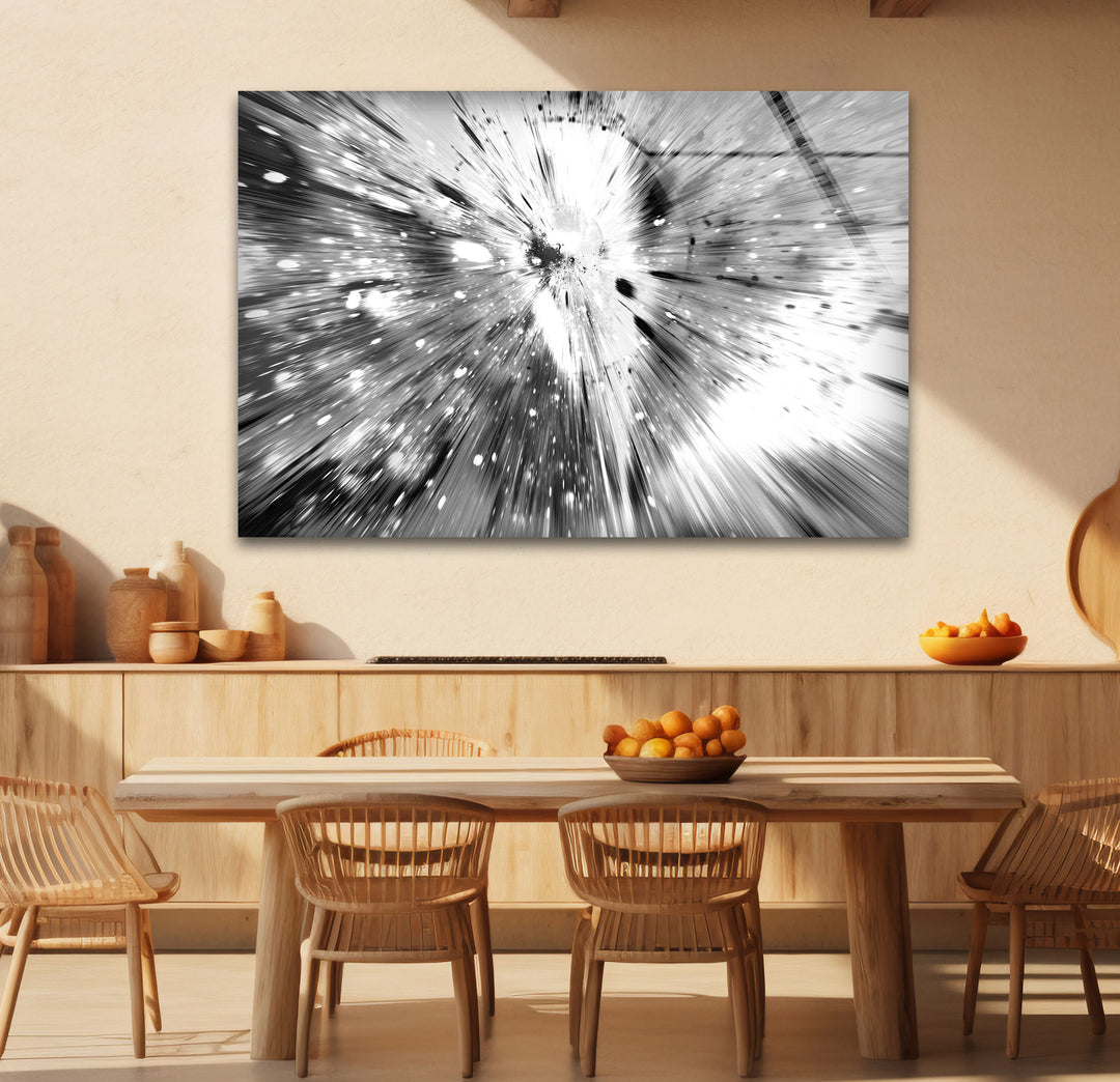 Monochrome Explosion Wall Art – Abstract Black and White Glass Print
