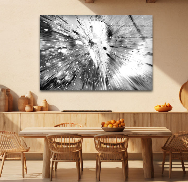 Monochrome Explosion Wall Art – Abstract Black and White Glass Print
