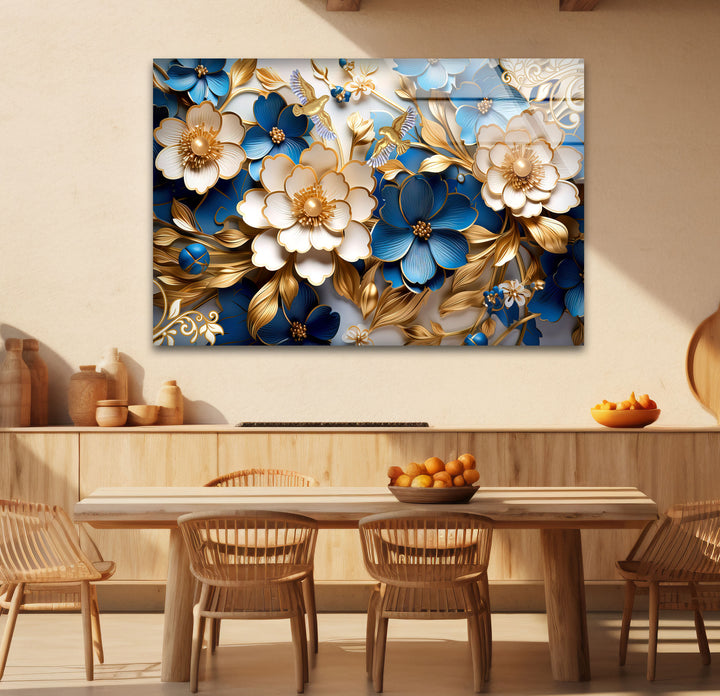 Elegante blau-goldene florale Wandkunst – 3D-Glasplatte für moderne Innenräume