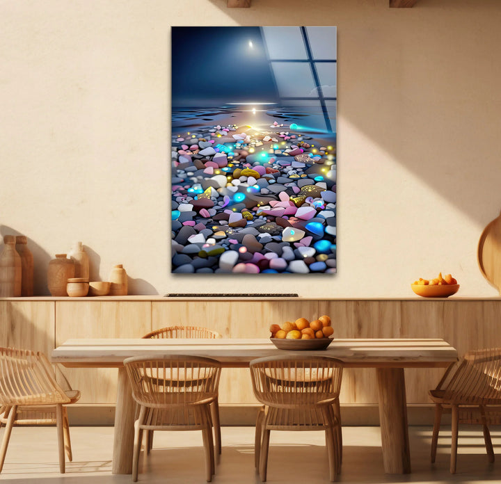 Colorful Pebble Beach at Sunset – Dreamy Ocean Glass Wall Art for Modern Decor - MyPhotoStation