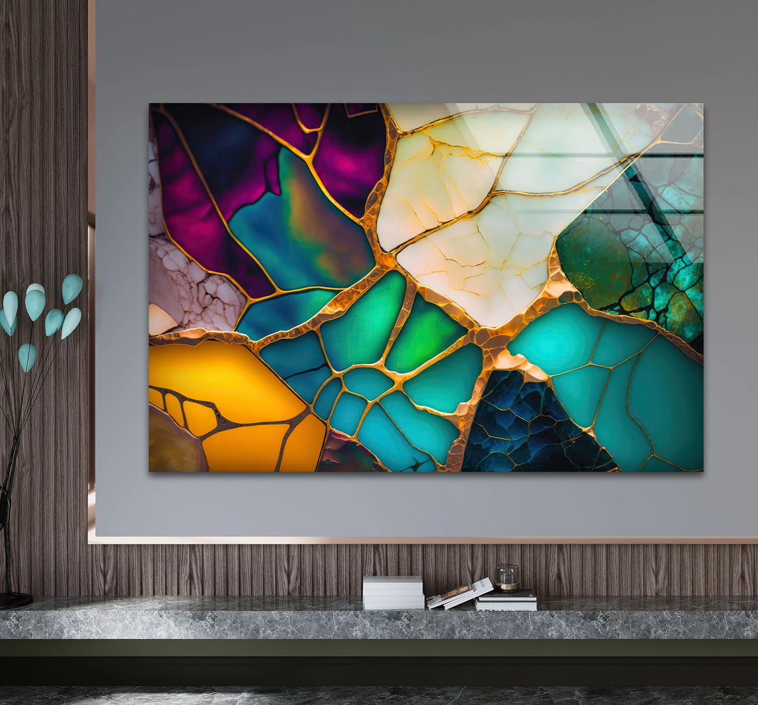 Colorful Abstract Stained Glass Wall Art – Golden Fractured Modern Glass Print - MyPhotoStation