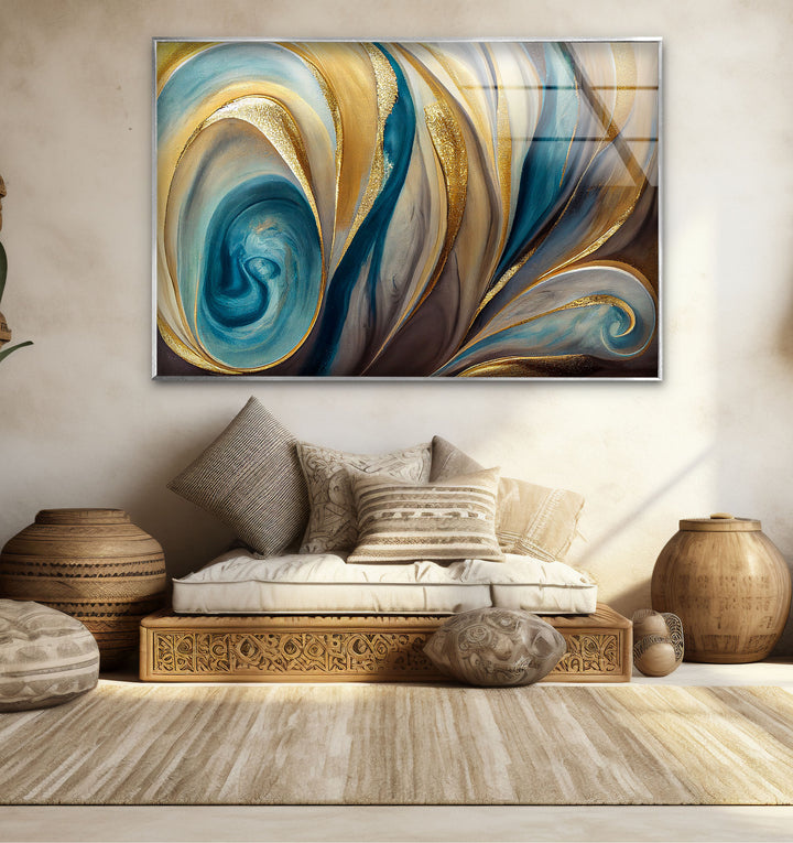 Teal Gold Swirl Wall Art – Elegant Abstract Glass Print for Modern Interiors