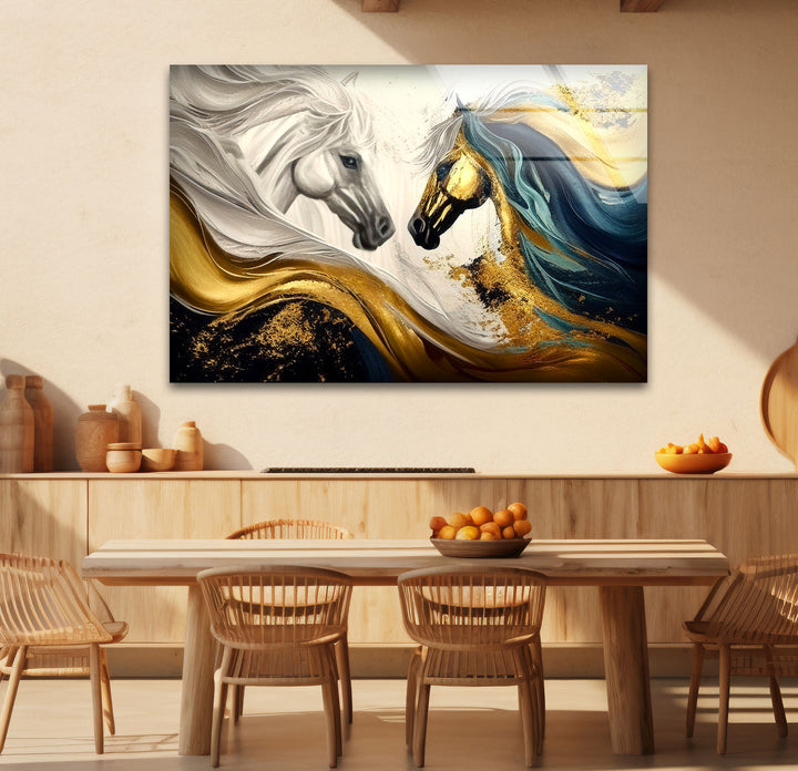 Majestic Gold Horses Wall Art – Luxury Abstract Equine Glass Print