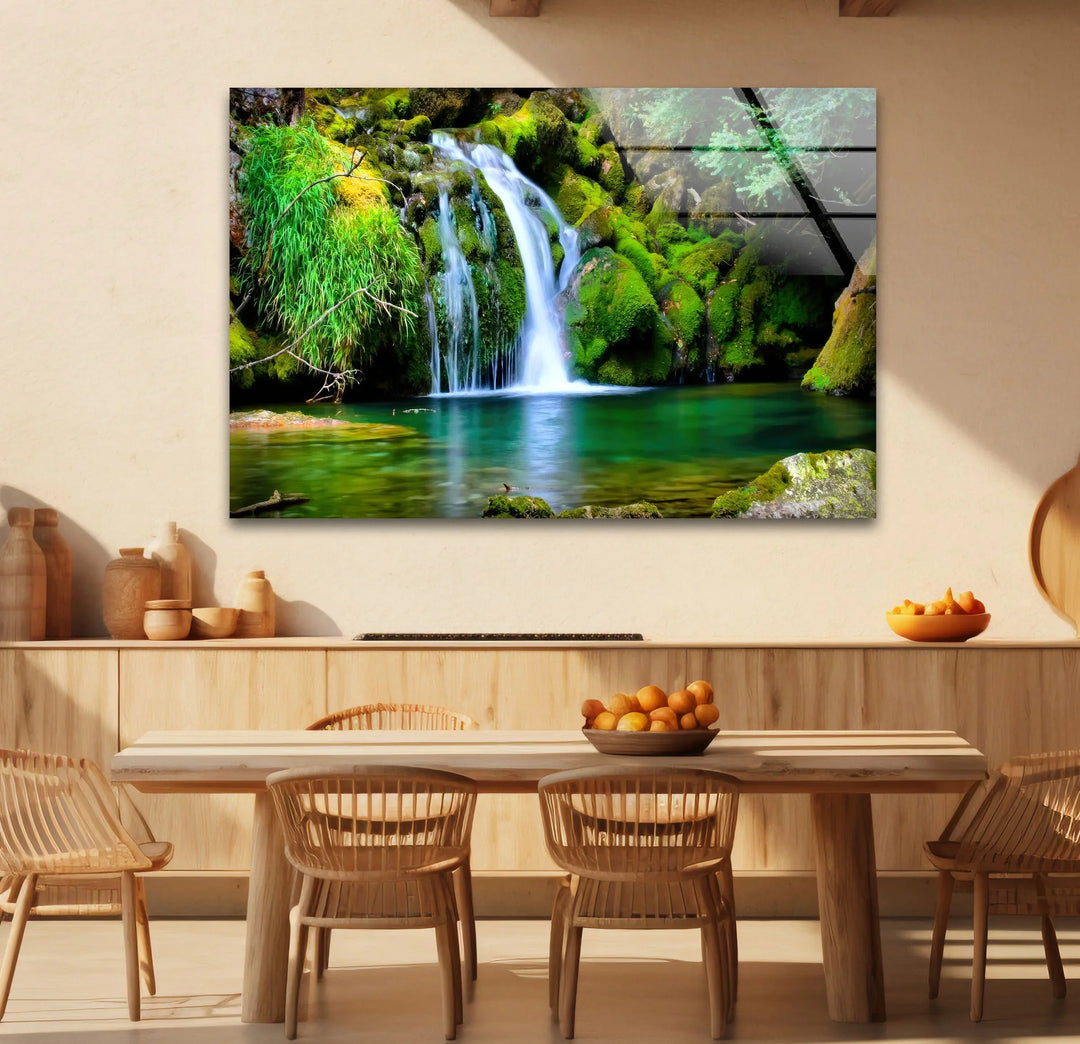 Forest Waterfall Wall Art – Serene Glass Landscape Print with Lush Green Moss and Crystal Clear Stream for Nature-Inspired Interiors - MyPhotoStation