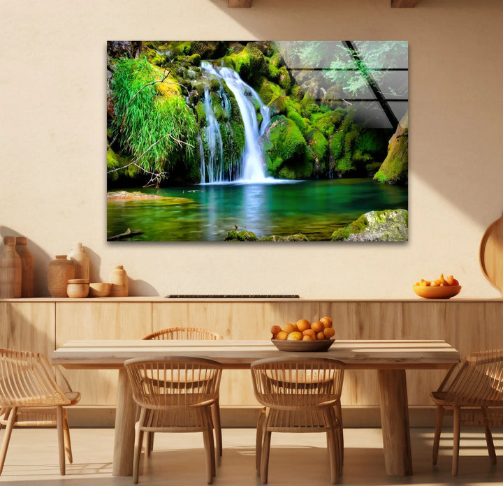 Forest Waterfall Wall Art – Serene Glass Landscape Print with Lush Green Moss and Crystal Clear Stream for Nature-Inspired Interiors - MyPhotoStation