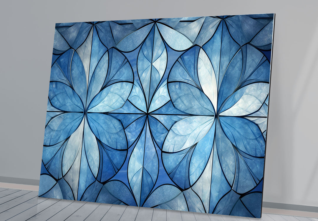 Blue Floral Geometric Wall Art – Modern Glass Panel with Elegant Petal Design