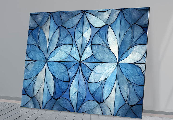 Blue Floral Geometric Wall Art – Modern Glass Panel with Elegant Petal Design
